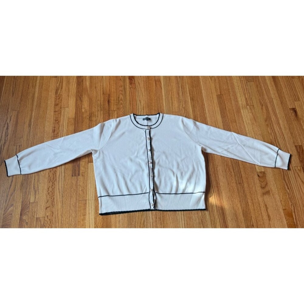 Adrianna Papell Womens White Cardigan Sweater Black Trim Pearl Button Closure L